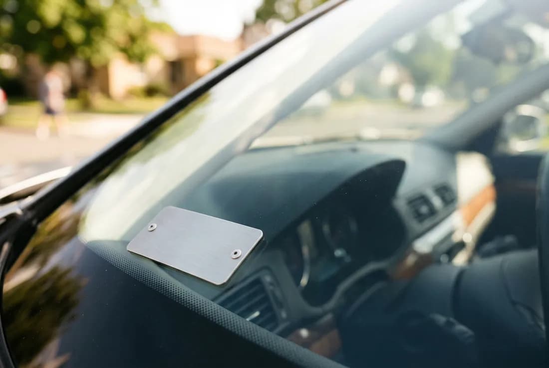 A vehicle identification plate at the base of a car's windshield, seen from outside.